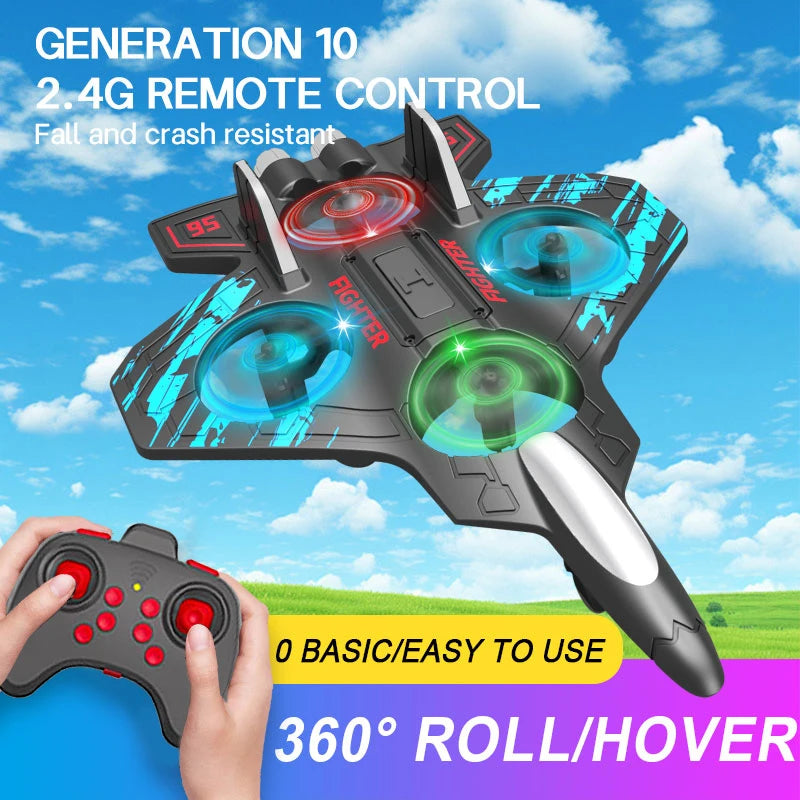 Glider Flying Helicopter RC Jet with Stunt Features & LED Lights – Foam Fighter Remote Control Airplane Toy