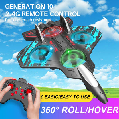 Glider Flying Helicopter RC Jet with Stunt Features & LED Lights – Foam Fighter Remote Control Airplane Toy