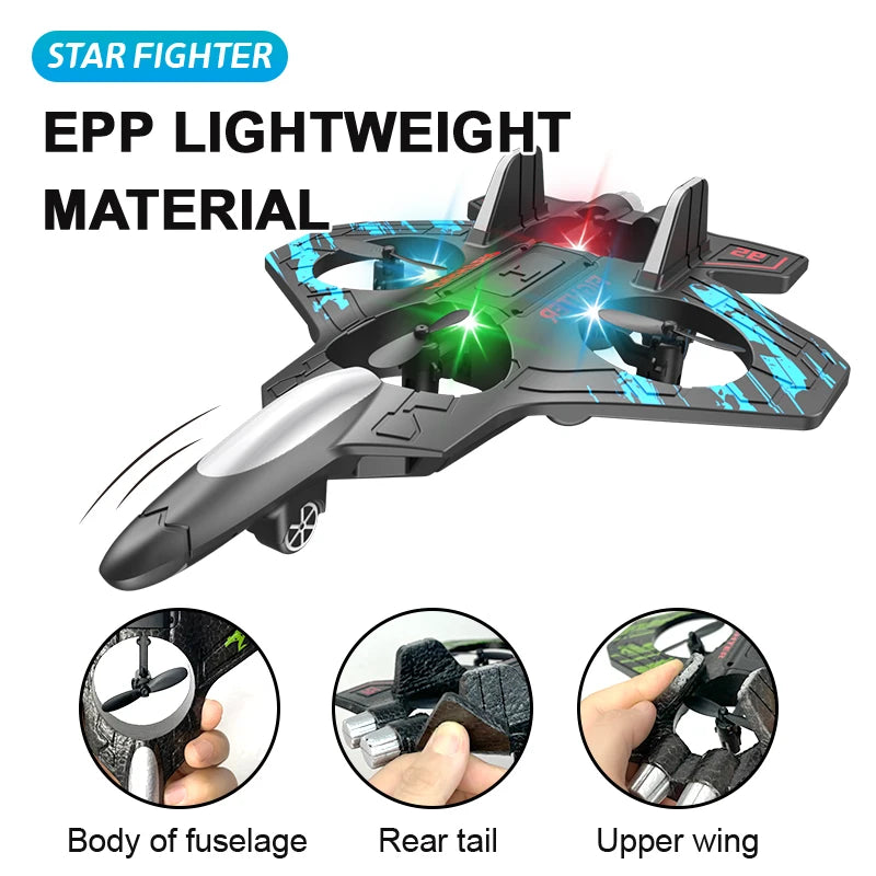 Glider Flying Helicopter RC Jet with Stunt Features & LED Lights – Foam Fighter Remote Control Airplane Toy